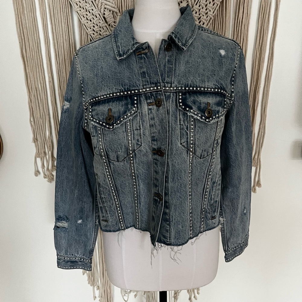 Pistola Naya Blue Studded Cropped and Distressed Jean Jacket